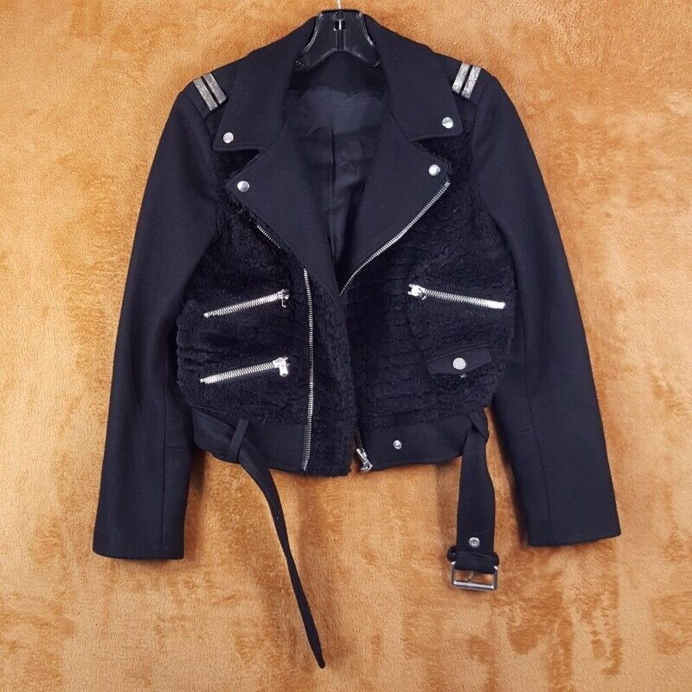 THE KOOPLES Coat Womens XS Black Faux Fur Moto Biker Wool Blend Jacket Winter